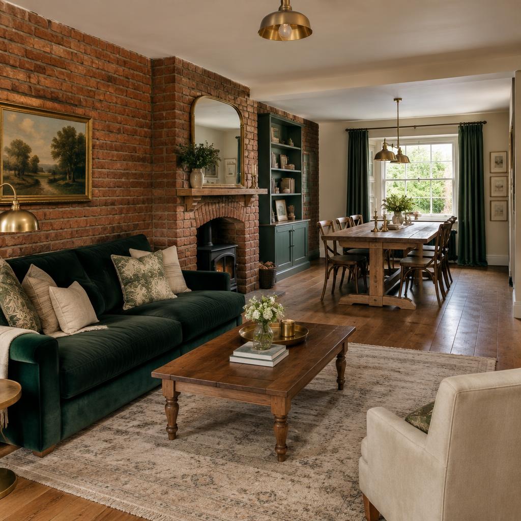 Living and dining room with exposed brick