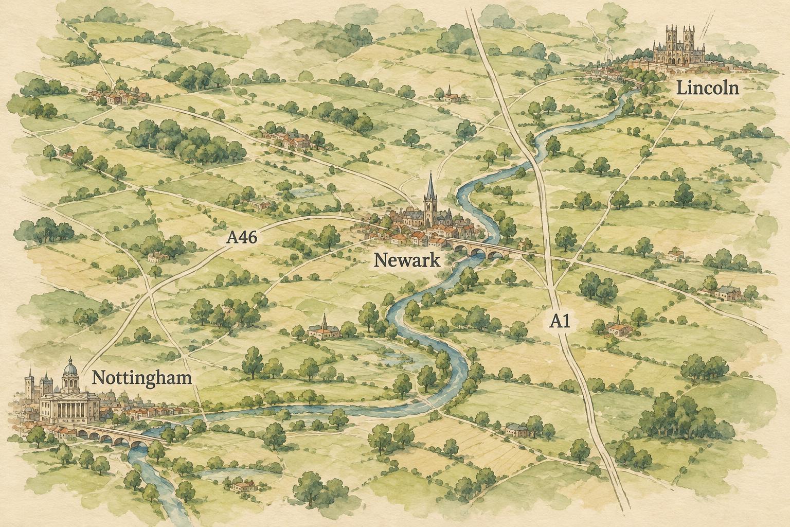 Illustrated area map of Newark, Nottingham and Lincoln